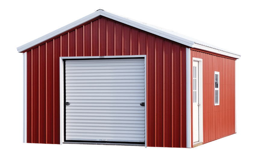 Red metal gable garage with roll up door