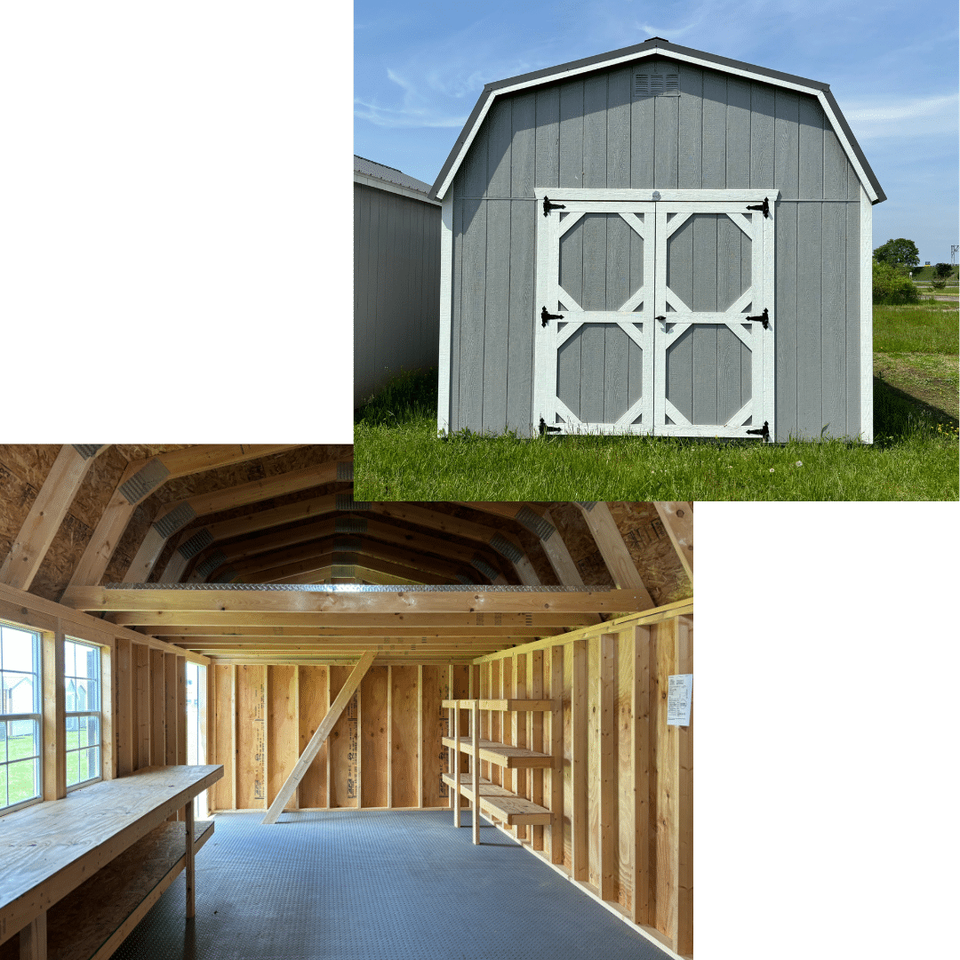 Two image collage of a lofted barn showing the inside of the barn with loft and shelving for storage and the gray facade of the barn with double barn doors.