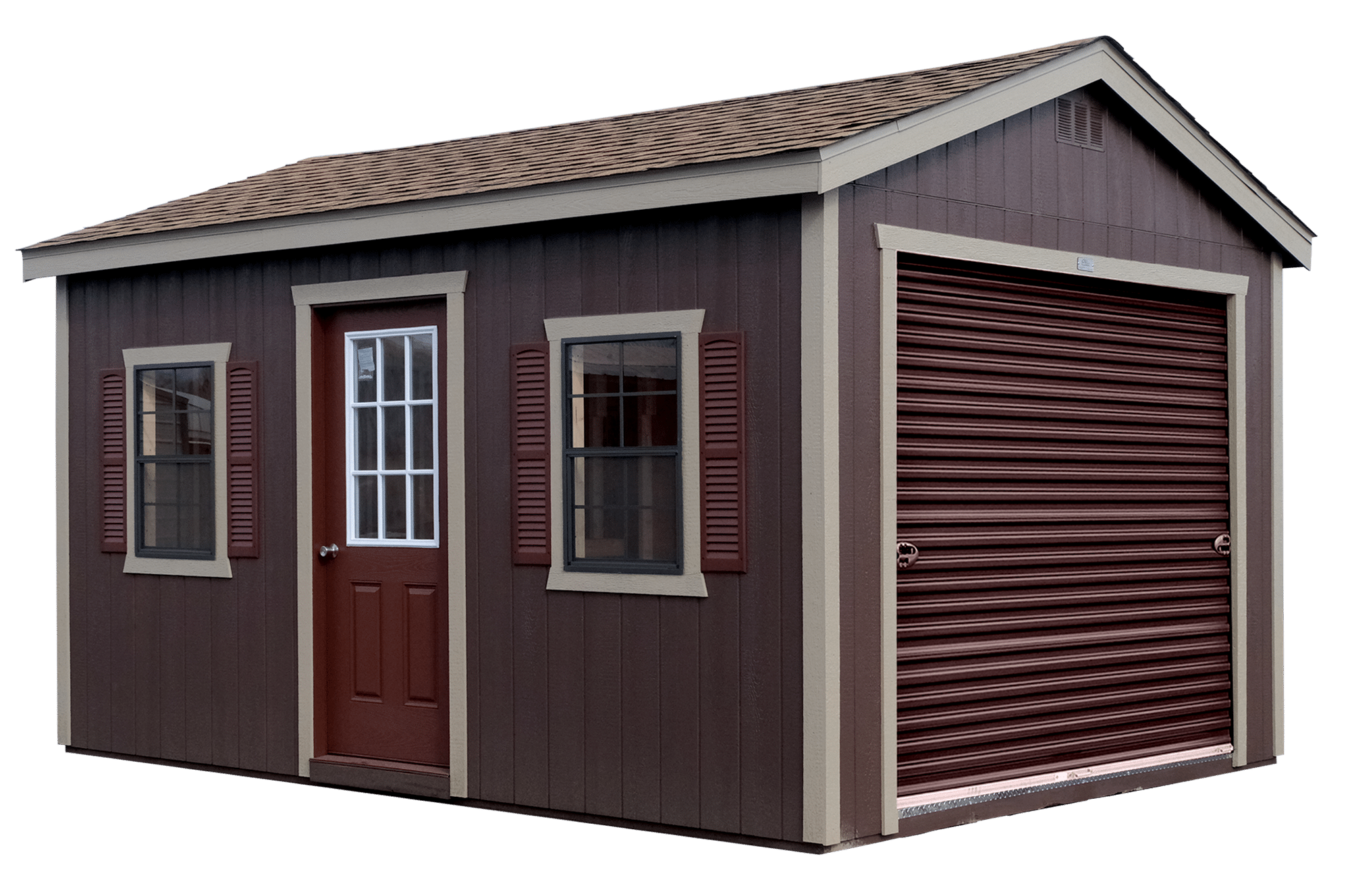 Deluxe gable garden shed with windows with shutters, a roll up door, and 9 light entry door