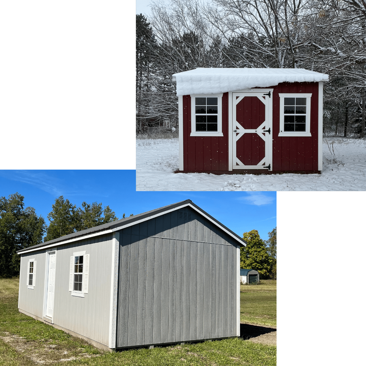 Collage of two painted gable garden sheds - a 12x12 red shed in the snow and a large grey hobby shed.