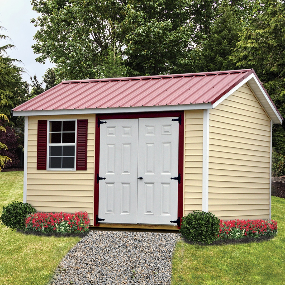 Gable shed with vinyl siding and double entry doors in backyard garden scene