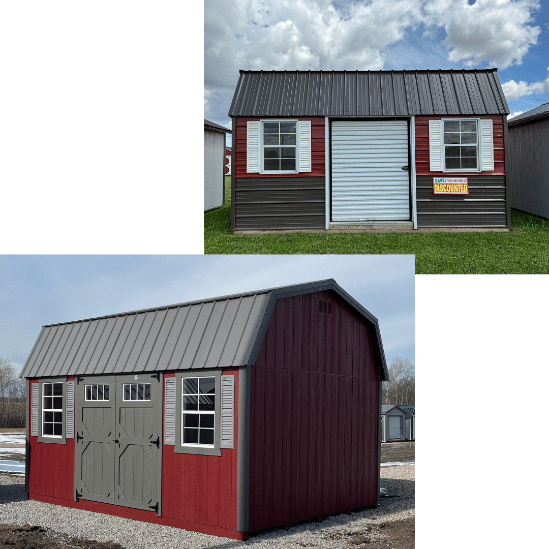 Image collage of red and gray lofted garden sheds