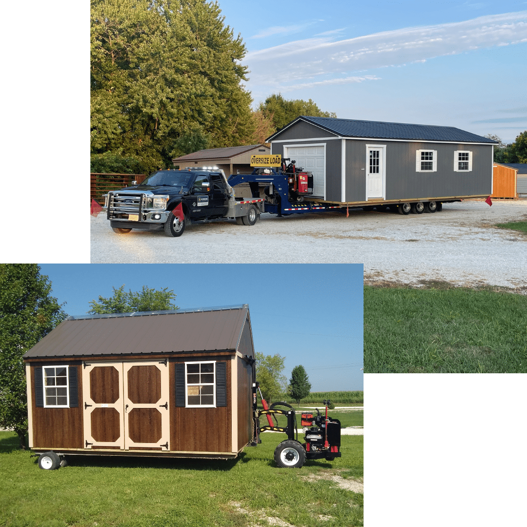 Collage image of sheds being delivered and put in place by a mule