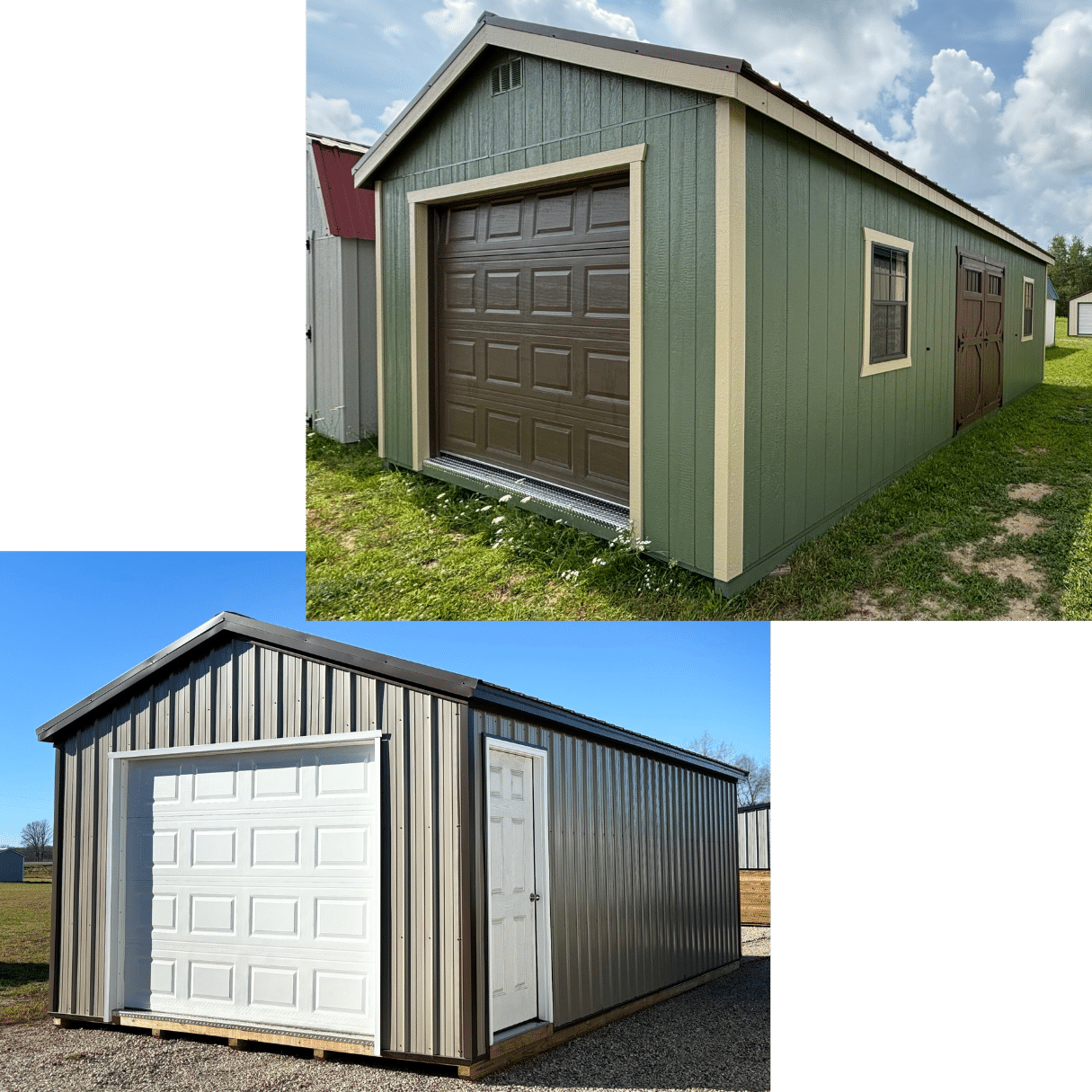 Collage of two gable garages – one painted and one metal – Amish-built by the team at Mid Michigan barns.