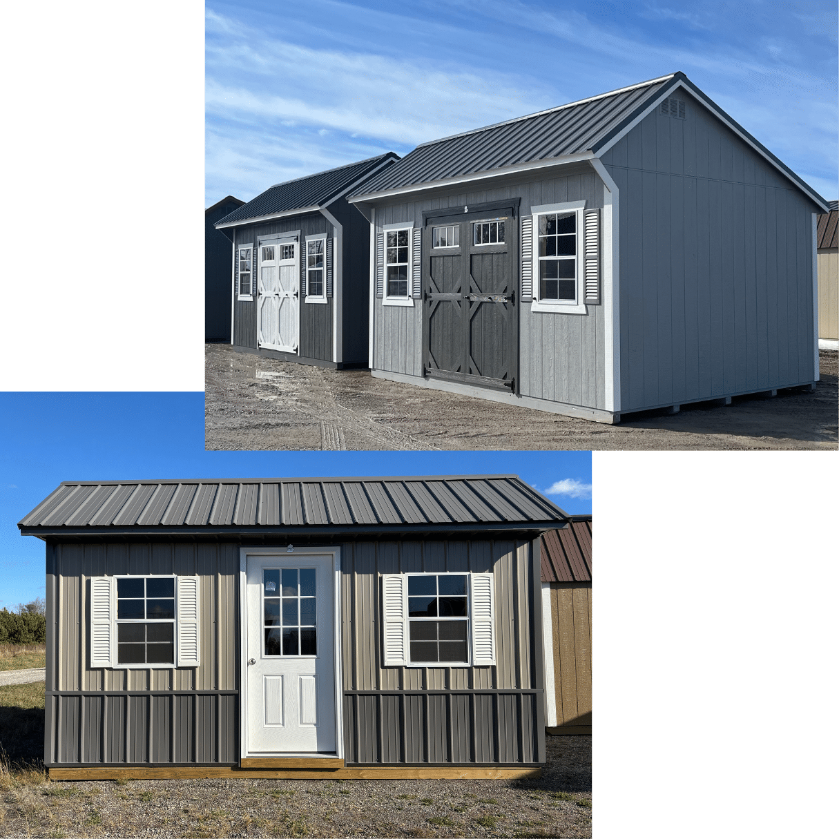 A two image collage of a metal and painted-sided Quaker shed. Quaker sheds make the best and most stylish hobby backyard shed.