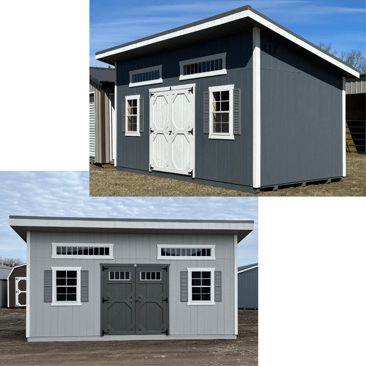 Collage of 2 garden villa sheds - one navy blue and one light grey with double barn doors and windows. A garden villa shed makes the perfect she shed, hobby shed, or home studio.