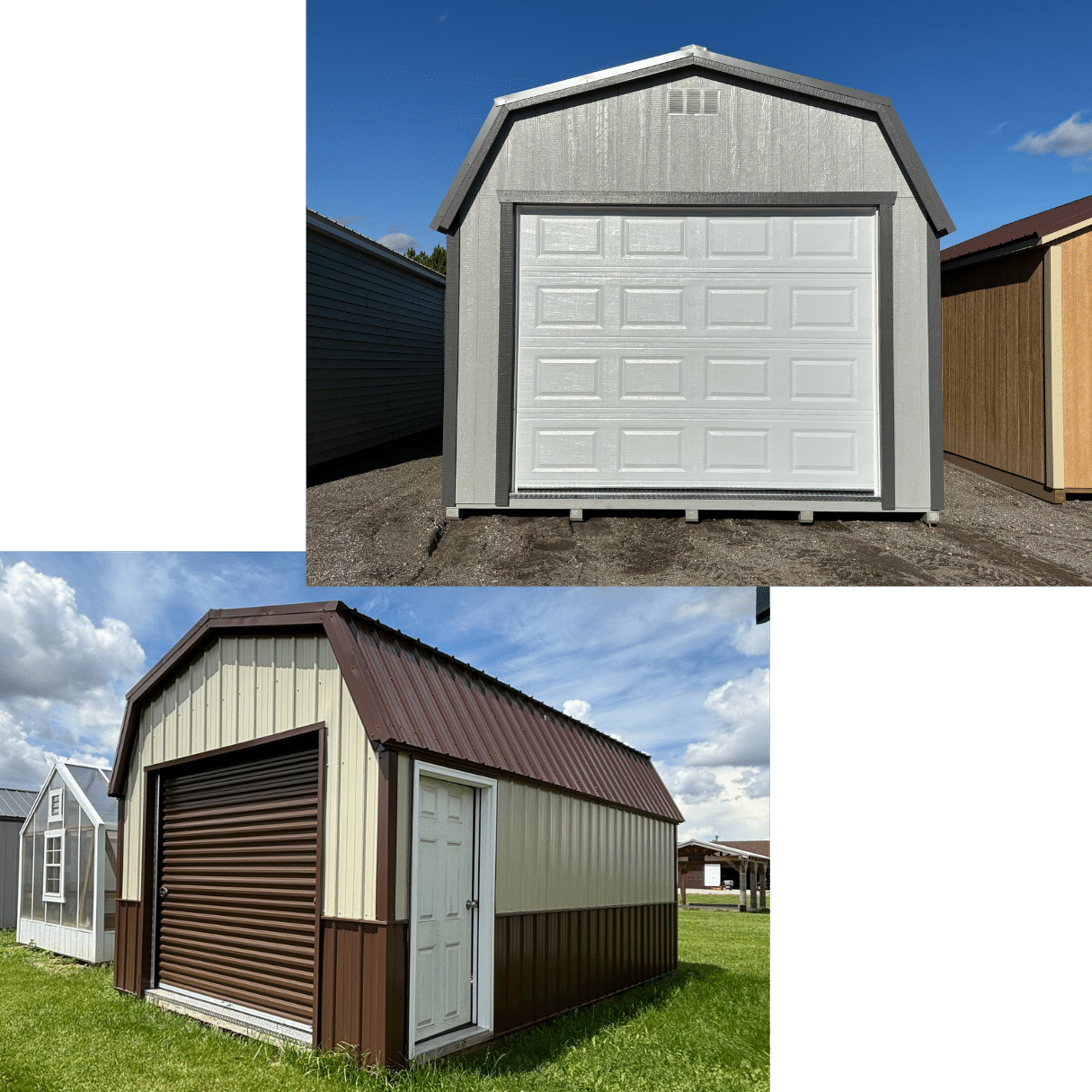 Two image collage of lofted garages – one brown metal and one gray painted siding.