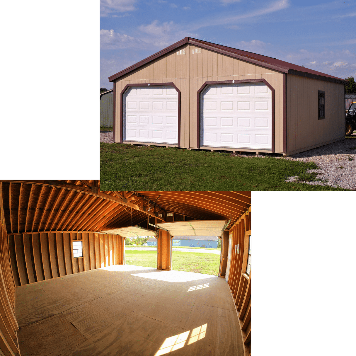 Amish-built double wide garage collage of exterior and interior shots