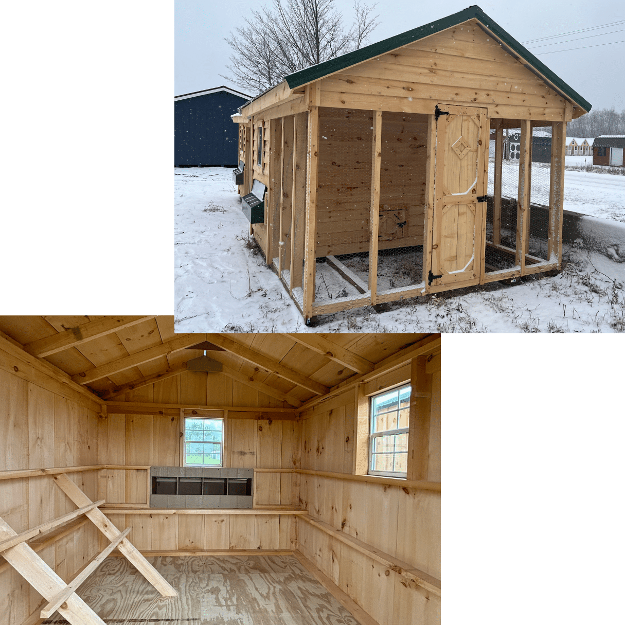 Collage of the exterior and interior of a chicken coop, handmade at Mid Michigan Barns in Evart, Michigan