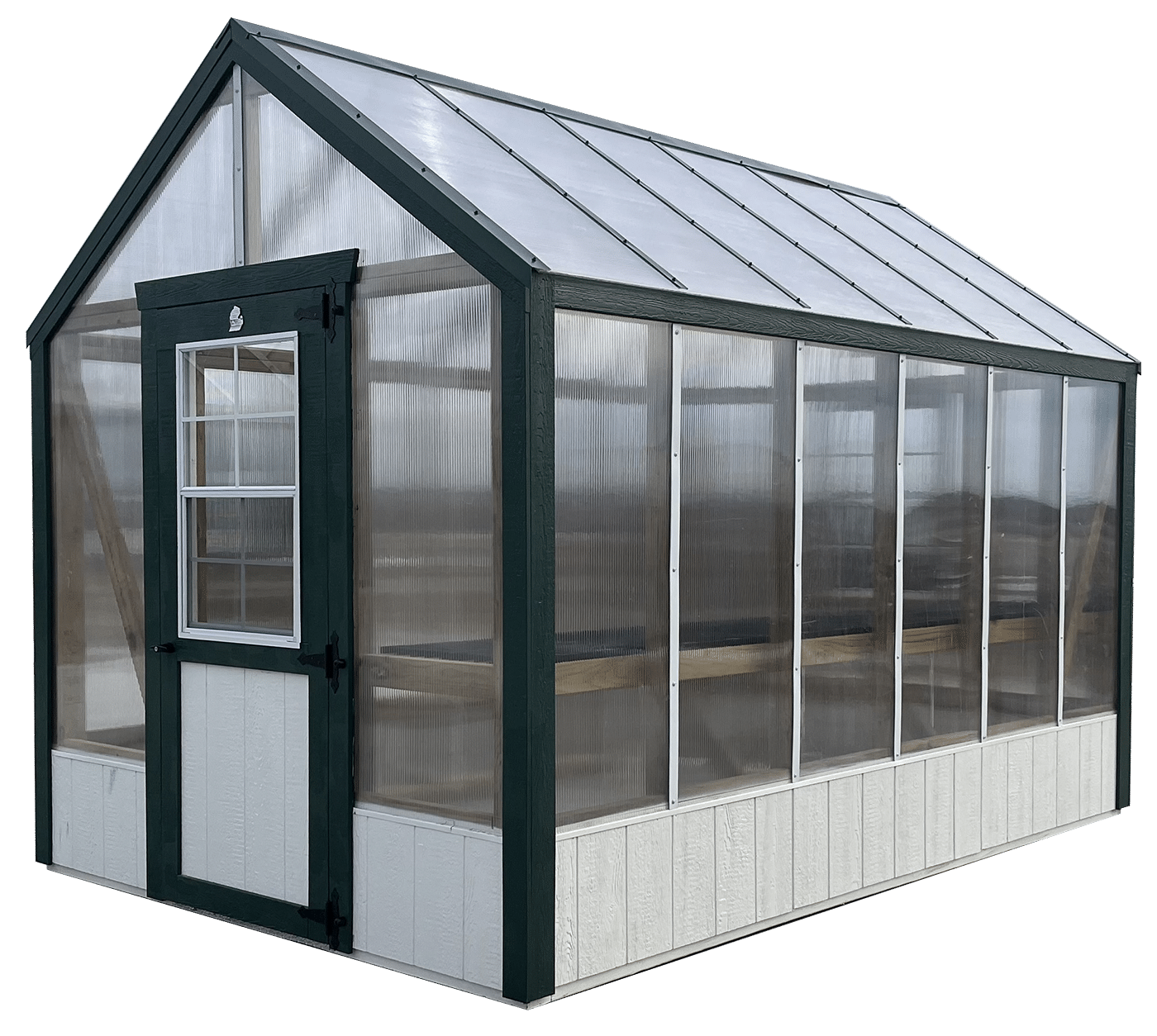 Greenhouse with green and white trim