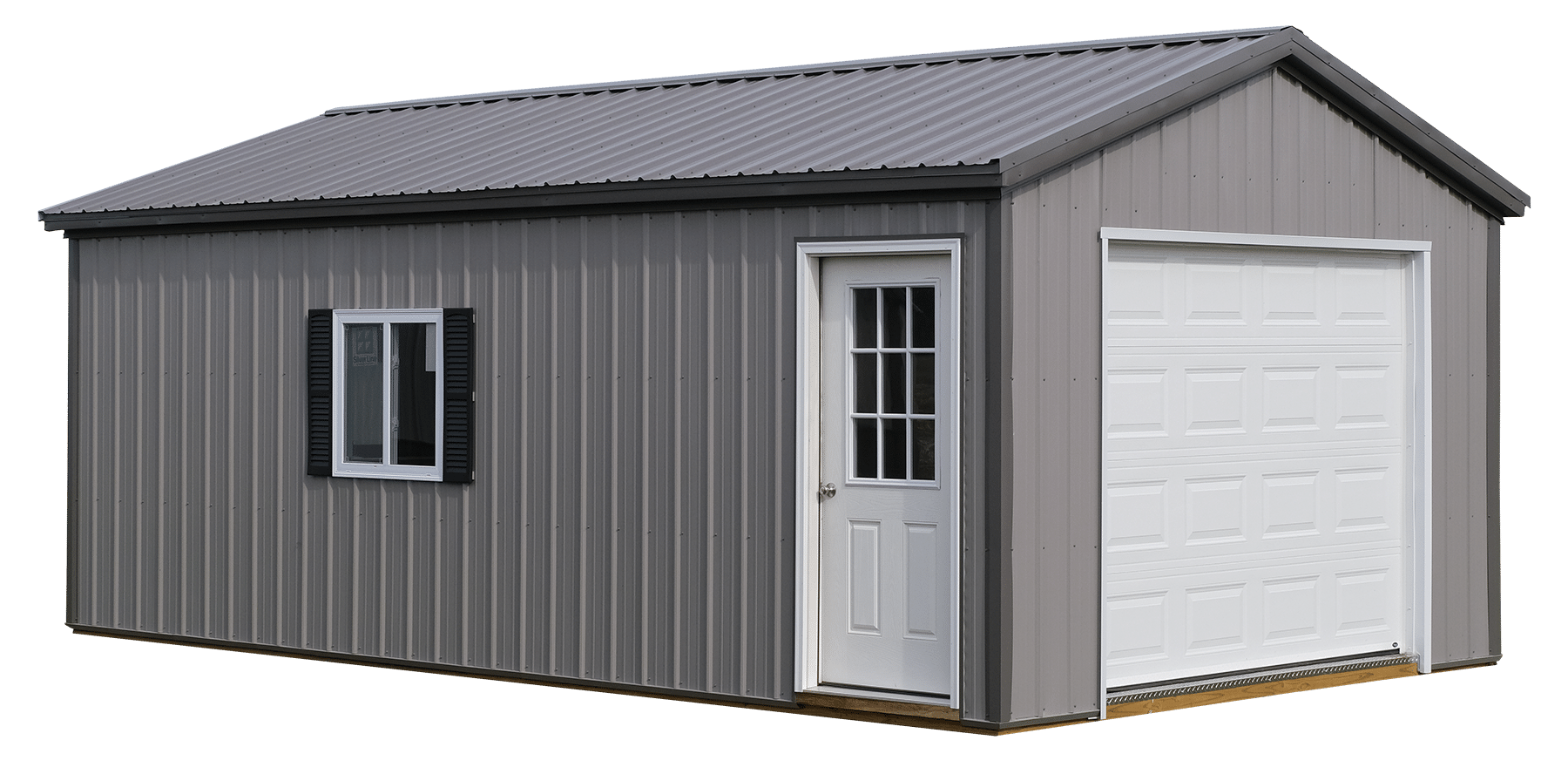 Gray gable portable garage with insulated garage door on a transparent background.