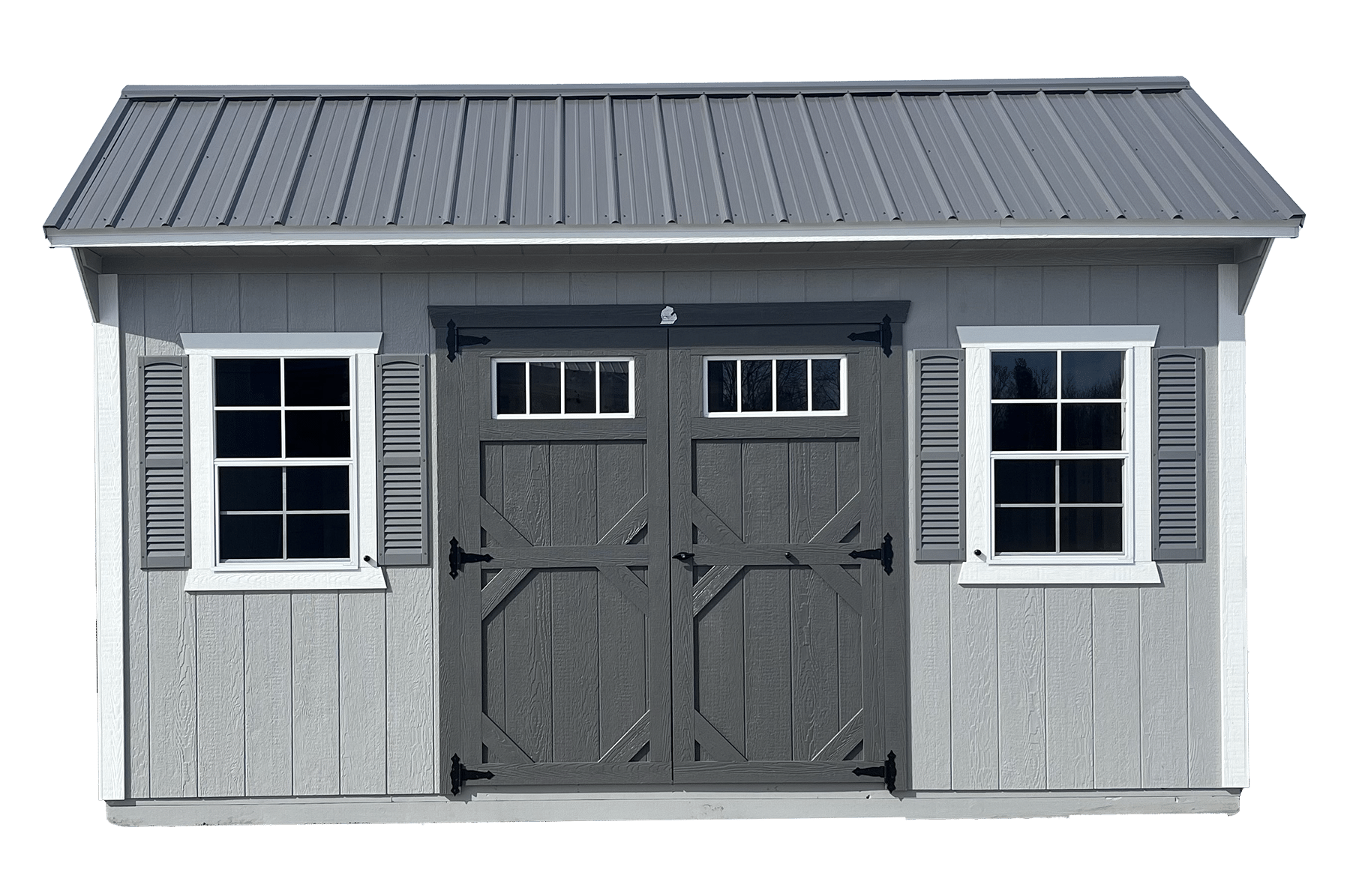 Gray quaker shed - a gorgeous backyard shed with several windows for light